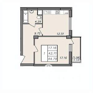 1-к квартира, вторичка, 43м2, 10/13 этаж