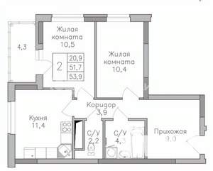 2-к квартира, строящийся дом, 54м2, 10/25 этаж