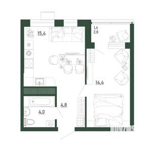 1-к квартира, строящийся дом, 40м2, 10/13 этаж