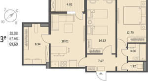 2-к квартира, вторичка, 70м2, 5/18 этаж