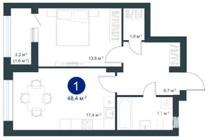 1-к квартира, строящийся дом, 48м2, 2/25 этаж