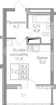 Студия квартира, строящийся дом, 29м2, 17/25 этаж