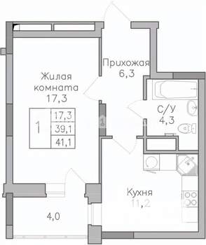 1-к квартира, строящийся дом, 41м2, 6/25 этаж
