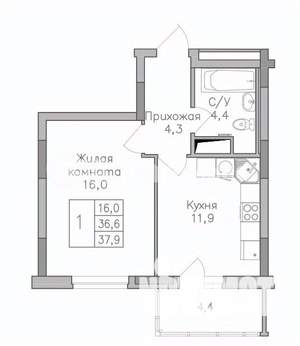 1-к квартира, строящийся дом, 38м2, 4/25 этаж