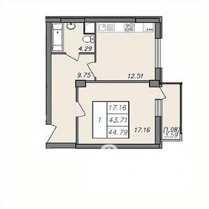 1-к квартира, вторичка, 43м2, 12/13 этаж