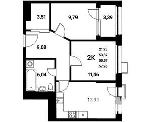 2-к квартира, строящийся дом, 56м2, 9/21 этаж