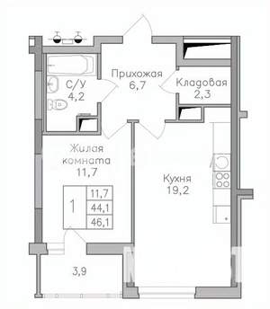 1-к квартира, строящийся дом, 46м2, 13/25 этаж