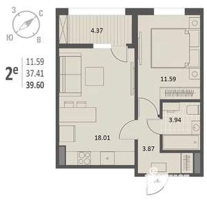 1-к квартира, строящийся дом, 40м2, 15/18 этаж