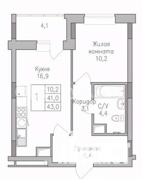 1-к квартира, строящийся дом, 43м2, 5/10 этаж