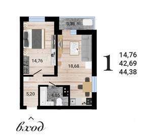 1-к квартира, вторичка, 44м2, 19/27 этаж