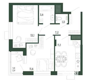 2-к квартира, строящийся дом, 50м2, 6/13 этаж