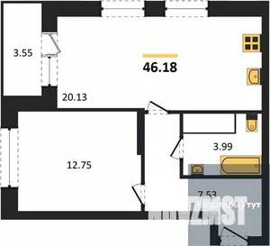 1-к квартира, вторичка, 46м2, 23/25 этаж