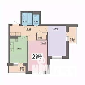 2-к квартира, строящийся дом, 59м2, 11/18 этаж