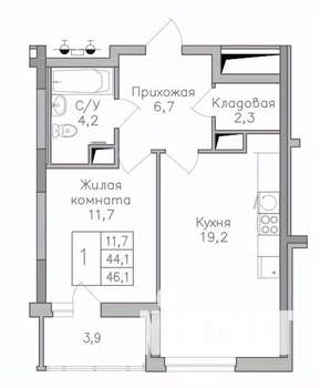 1-к квартира, строящийся дом, 46м2, 23/25 этаж