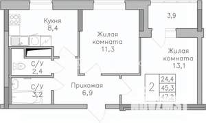 2-к квартира, строящийся дом, 47м2, 18/25 этаж