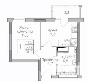 1-к квартира, строящийся дом, 31м2, 24/25 этаж