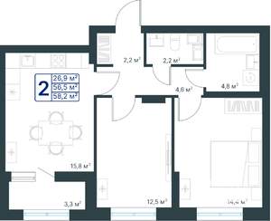 2-к квартира, строящийся дом, 58м2, 8/25 этаж