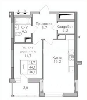 1-к квартира, строящийся дом, 46м2, 14/25 этаж