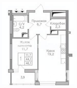 1-к квартира, строящийся дом, 46м2, 9/25 этаж