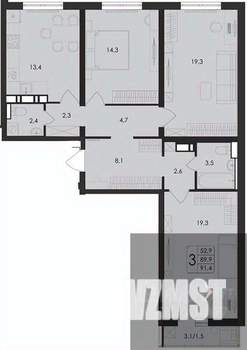 3-к квартира, вторичка, 91м2, 13/17 этаж