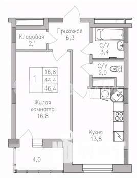 1-к квартира, строящийся дом, 46м2, 8/10 этаж