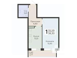 1-к квартира, вторичка, 38м2, 18/20 этаж