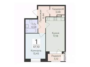 1-к квартира, строящийся дом, 47м2, 6/12 этаж