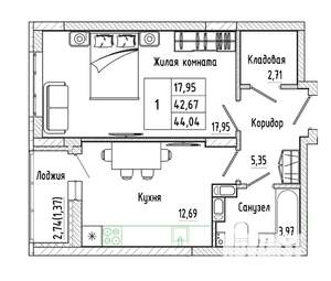 1-к квартира, строящийся дом, 44м2, 8/17 этаж