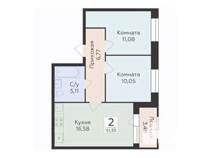 2-к квартира, строящийся дом, 51м2, 2/12 этаж