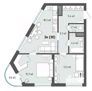 2-к квартира, строящийся дом, 65м2, 3/13 этаж