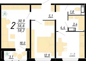 2-к квартира, вторичка, 58м2, 7/20 этаж