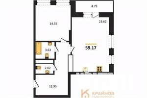1-к квартира, строящийся дом, 59м2, 21/25 этаж