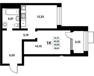 1-к квартира, строящийся дом, 47м2, 15/21 этаж