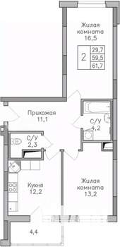 2-к квартира, строящийся дом, 62м2, 21/25 этаж
