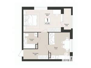 1-к квартира, строящийся дом, 48м2, 6/14 этаж