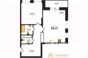1-к квартира, вторичка, 59м2, 3/25 этаж