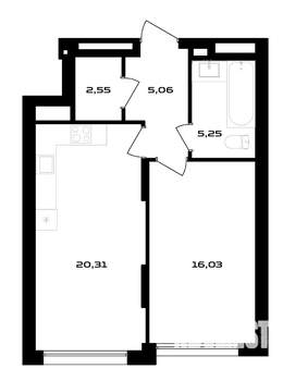 1-к квартира, вторичка, 49м2, 1/4 этаж