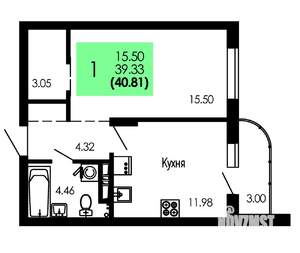 1-к квартира, строящийся дом, 41м2, 2/9 этаж