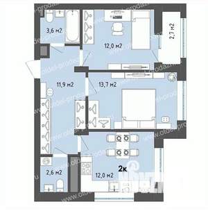 2-к квартира, строящийся дом, 57м2, 6/13 этаж