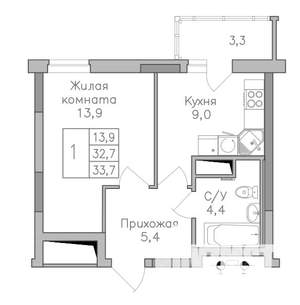 1-к квартира, строящийся дом, 34м2, 18/25 этаж