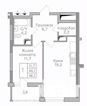 1-к квартира, строящийся дом, 46м2, 3/25 этаж