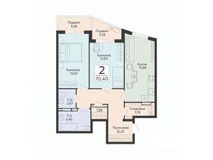 2-к квартира, строящийся дом, 70м2, 6/13 этаж