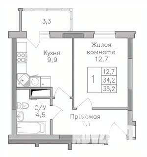 1-к квартира, строящийся дом, 35м2, 15/25 этаж
