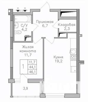 1-к квартира, строящийся дом, 46м2, 16/25 этаж