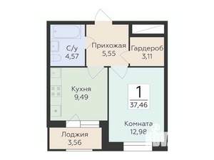 1-к квартира, строящийся дом, 37м2, 2/18 этаж