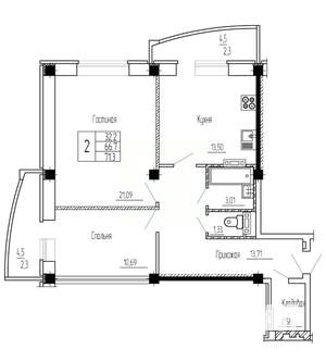 2-к квартира, строящийся дом, 71м2, 7/16 этаж