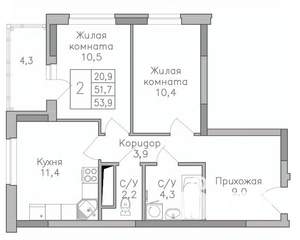 2-к квартира, строящийся дом, 54м2, 24/25 этаж