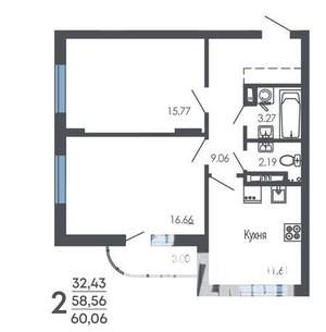 2-к квартира, строящийся дом, 60м2, 7/9 этаж