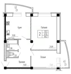 2-к квартира, строящийся дом, 66м2, 10/16 этаж