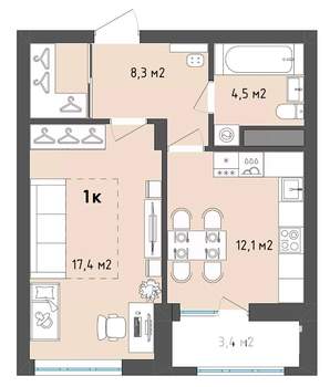 1-к квартира, строящийся дом, 44м2, 5/13 этаж
